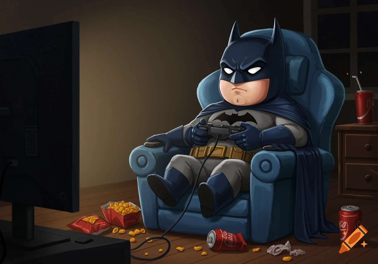 Chibi Batman in a lazy gamer pose, sitting in an armchair, playing video games surrounded by snacks and soda cans.