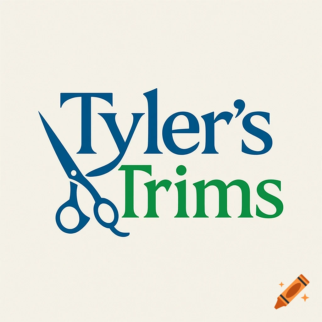 Logo for Tyler's Trims in blue and green with a pair of blue scissors.