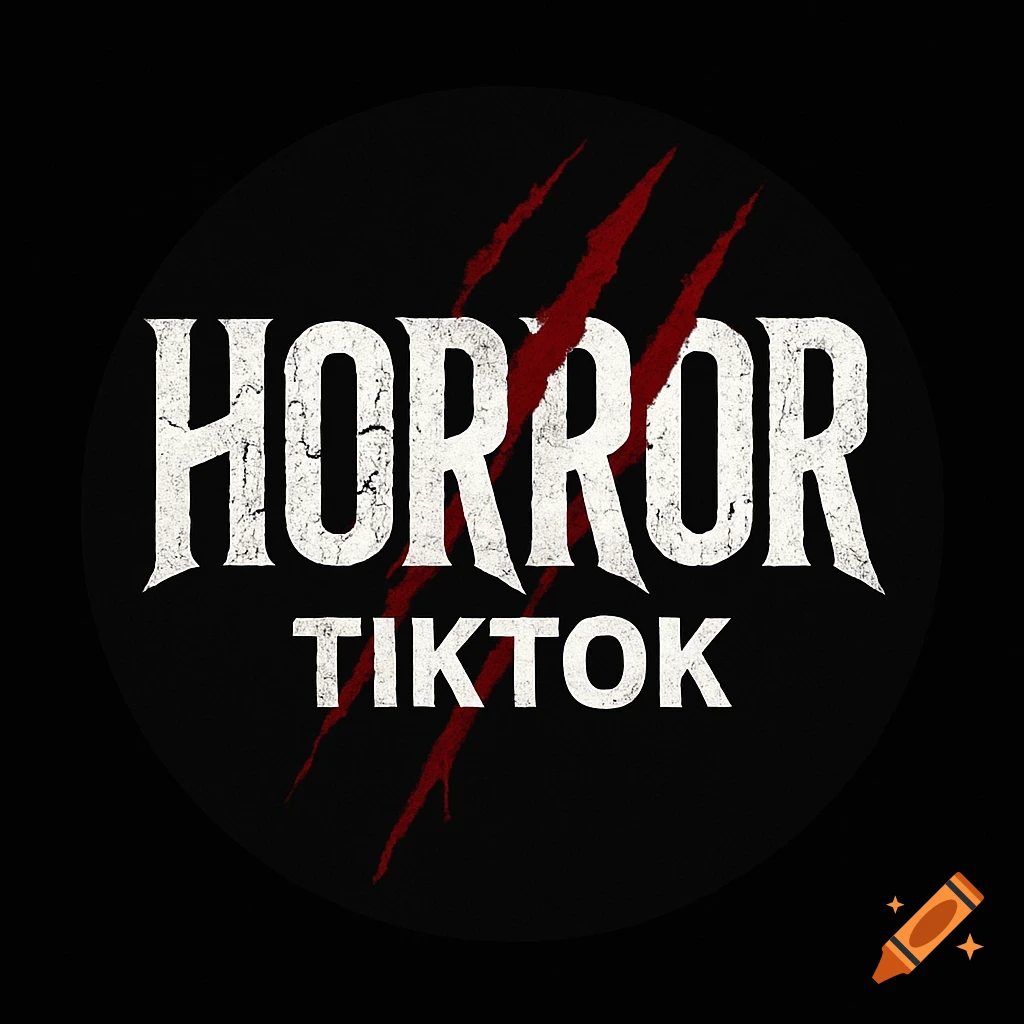 Round black logo with white 'HORROR' and 'TIKTOK' text, crossed by red claw marks in a grunge style.