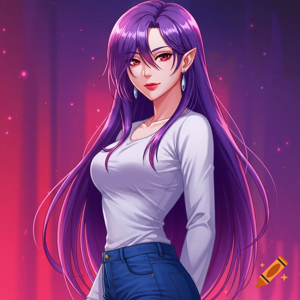 An anime woman with long purple hair, red eyes, and pointed ears wears a white shirt and jeans against a purple and red background.