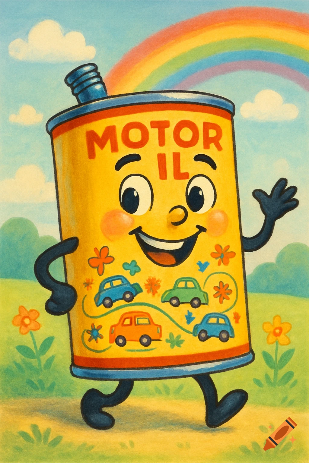 A cheerful, anthropomorphic yellow motor oil can with a face and limbs walks in a grassy landscape under a rainbow, in a retro cartoon style.