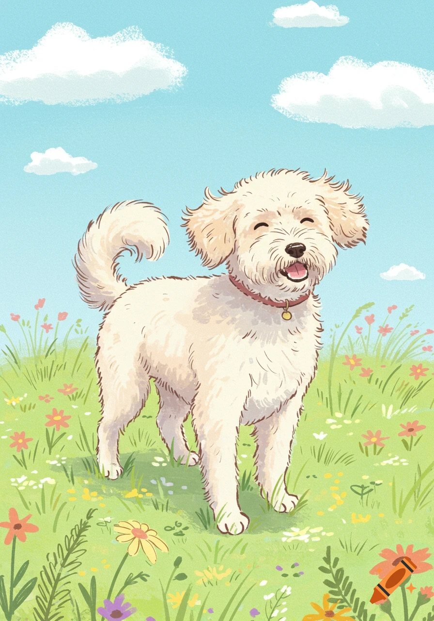 A happy, fluffy light cream colored dog with a red collar stands smiling in a field of colorful wildflowers under a blue sky.
