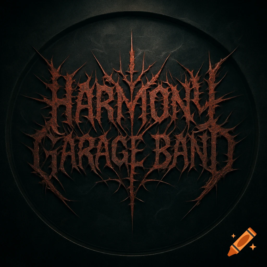 Death metal logo for Harmony Garage Band with thorny, metallic text on a dark circular background.