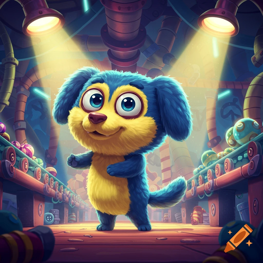 A cute, fluffy blue and yellow cartoon dog-like creature with big eyes stands in a factory setting with conveyor belts and glowing lights.