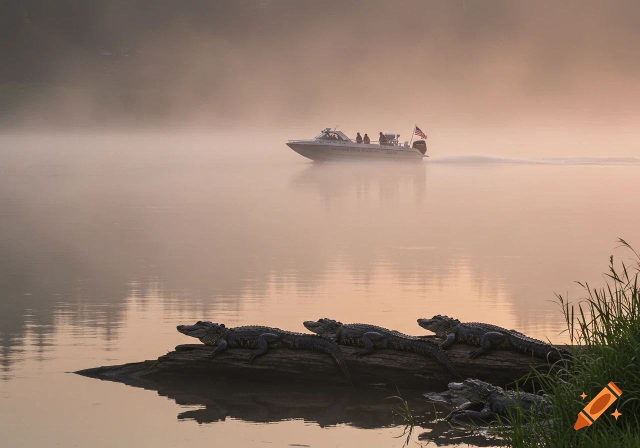 Misty river at sunrise with a boat on the water and several alligators on a log in the foreground.