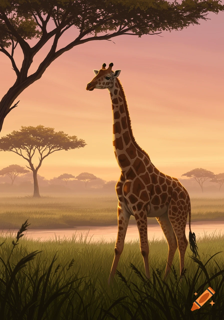 A giraffe stands in a grassy savanna at sunset, with trees and a river in the background.