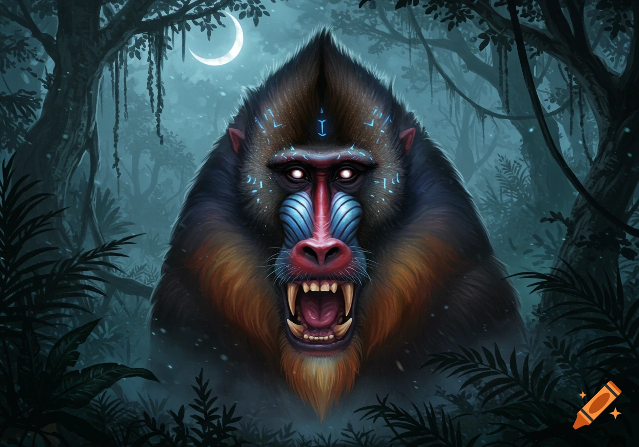 Ominous illustration of a mandrill demon god with glowing white eyes and blue symbols in a dark jungle under a crescent moon.