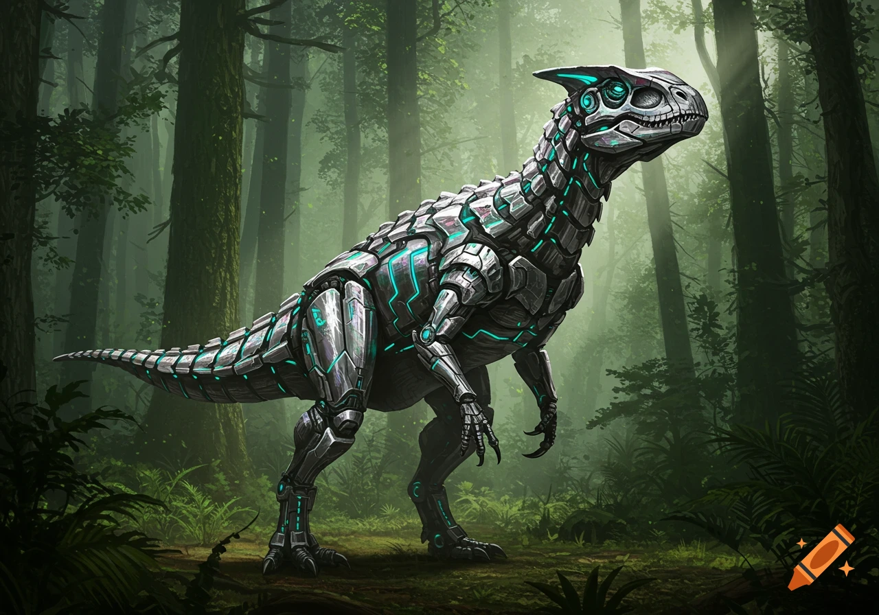 A large, silver robotic dinosaur with glowing teal lines stands in a lush green forest.