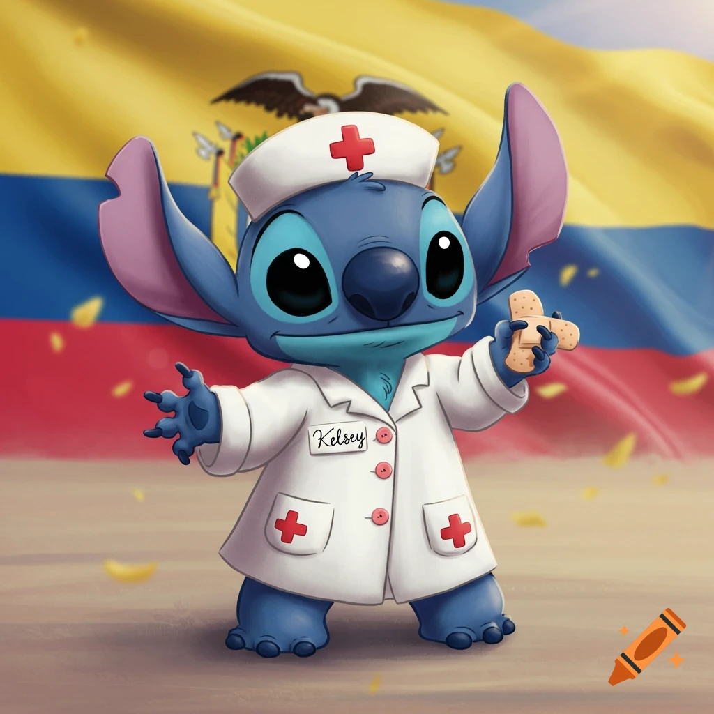 Stitch cartoon character dressed as a nurse holding a bandage, with the Ecuadorian flag in the background.