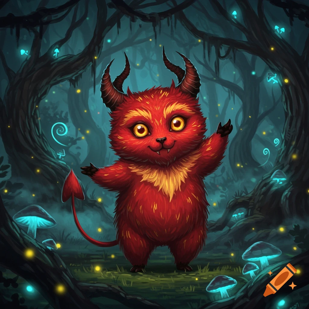 A cute, furry red devil-like creature with horns and glowing yellow eyes stands in a dark, magical forest with luminescent blue mushrooms.