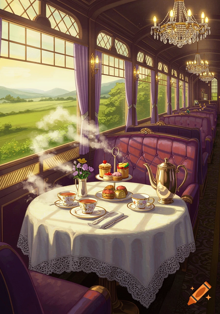 Illustrated view inside a luxurious train car set for afternoon tea, with pastries and teacups. Green hills are visible through the windows.
