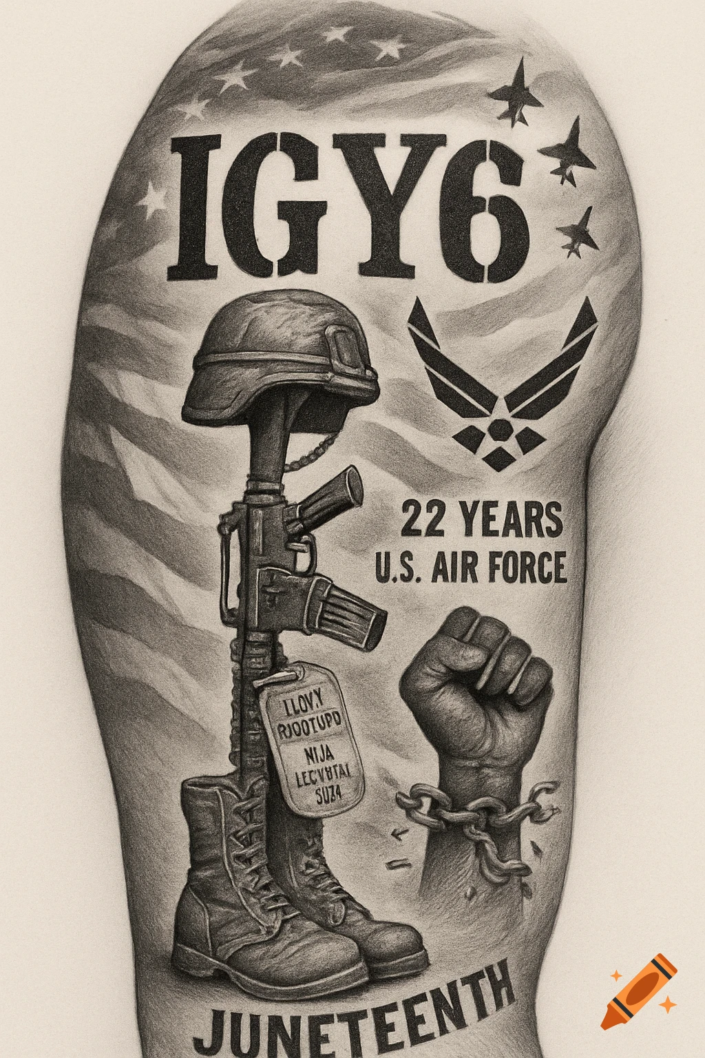 Highly detailed black and gray tattoo design on an arm, featuring 'IGY6', a soldier's cross with helmet, rifle, and boots, an Air Force insignia, aircraft silhouettes, a fist with broken chains, and 'JUNETEENTH'.