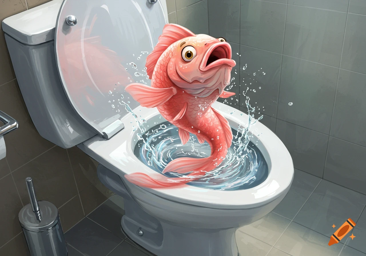 A pink cartoon fish with wide eyes and an open mouth jumps out of a white toilet bowl, splashing water.