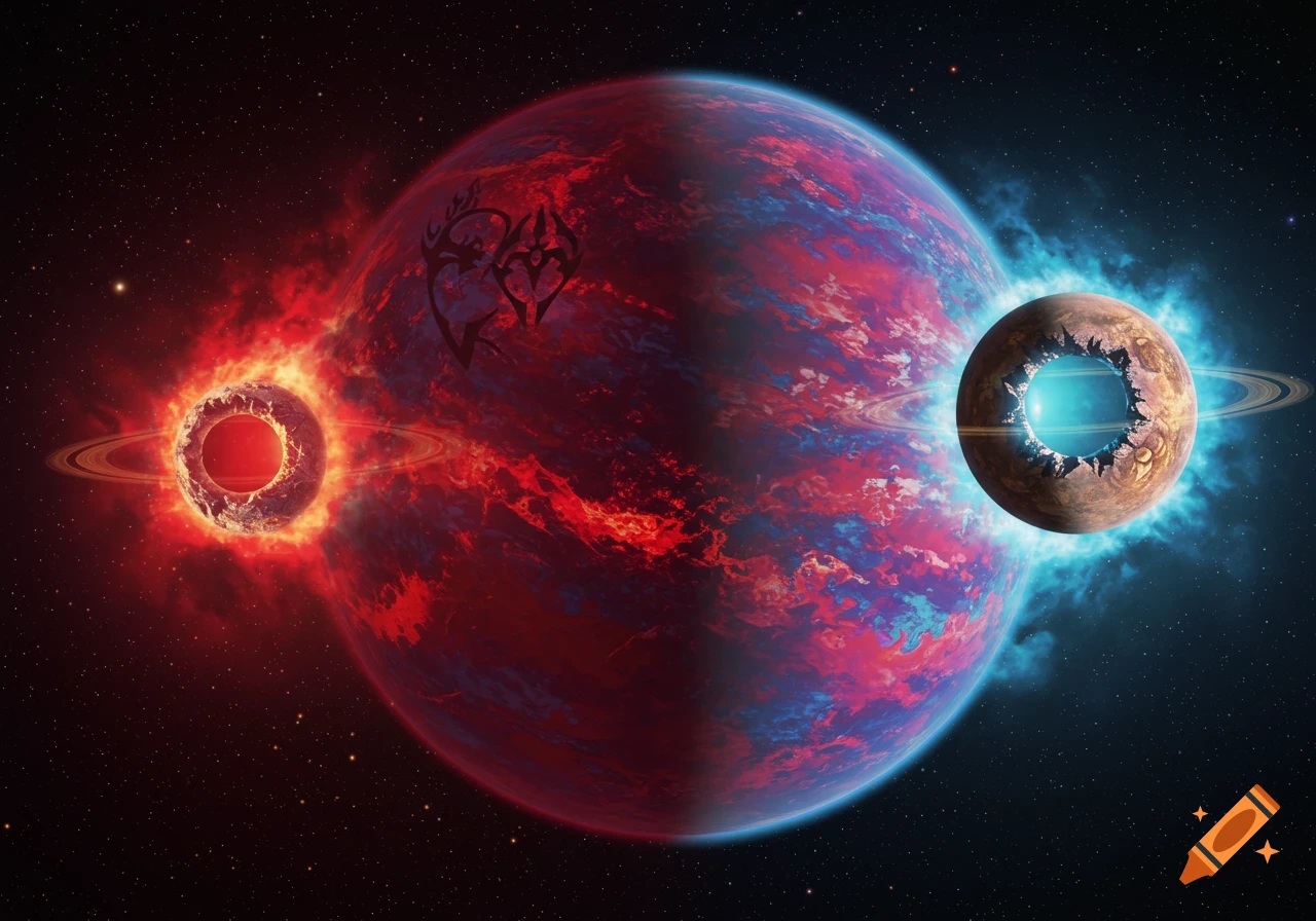 A large planet split into red and blue halves, with two ringed moons, each glowing and having a central hole, in space.