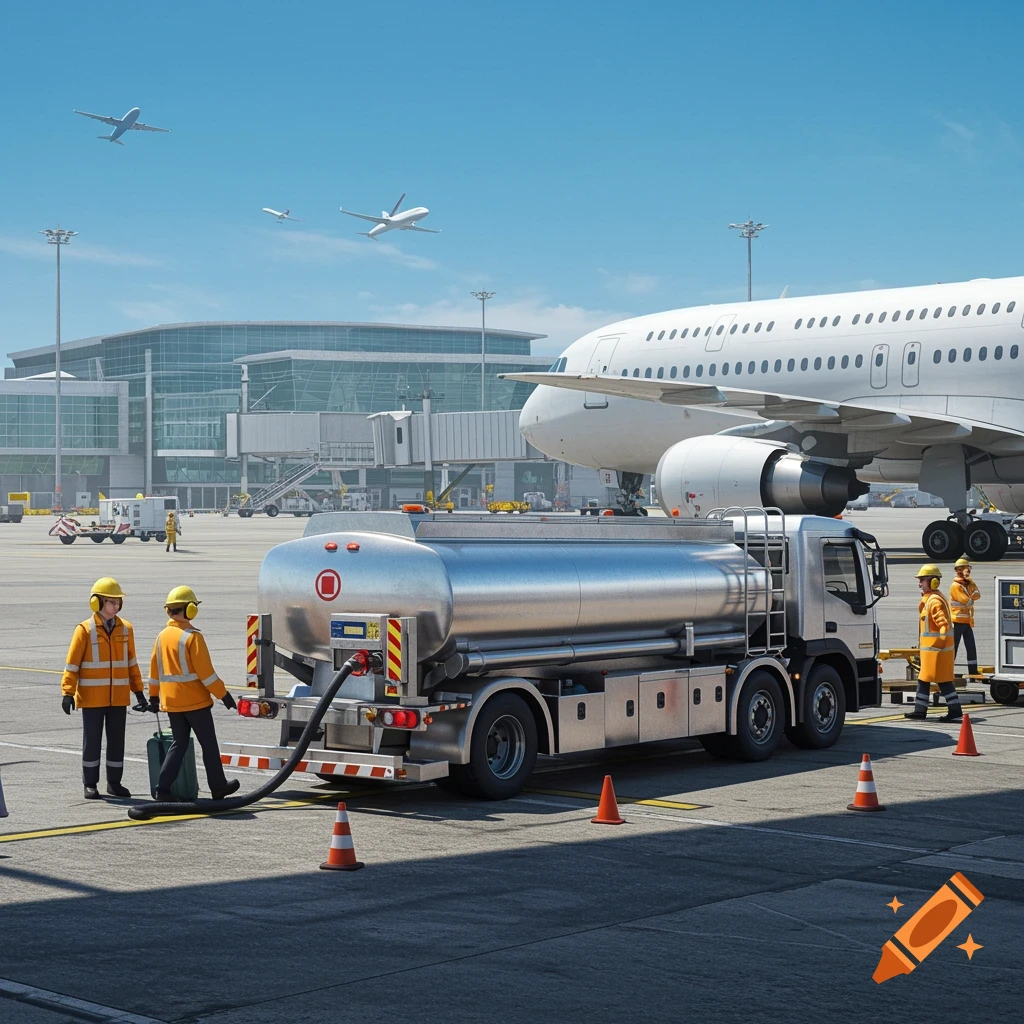 Photorealistic image of airport ground crew refueling a large passenger airplane with a fuel truck on a sunny day.