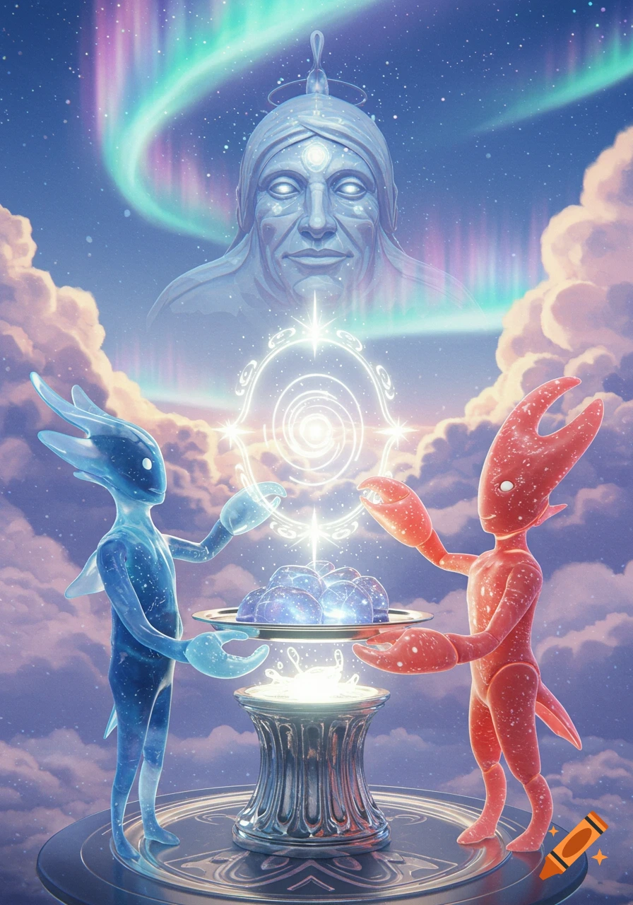 Two blue and red alien figures offer glowing orbs on a pedestal to a giant stone head, beneath a starry sky and aurora.