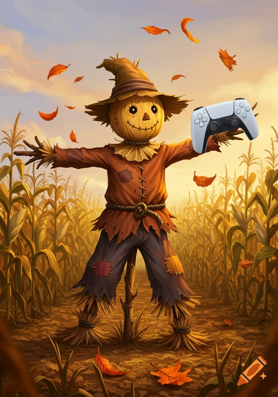 A friendly scarecrow with a straw head and ragged clothes stands in a cornfield, holding a white PS5 controller. Autumn leaves float around under a warm sky.