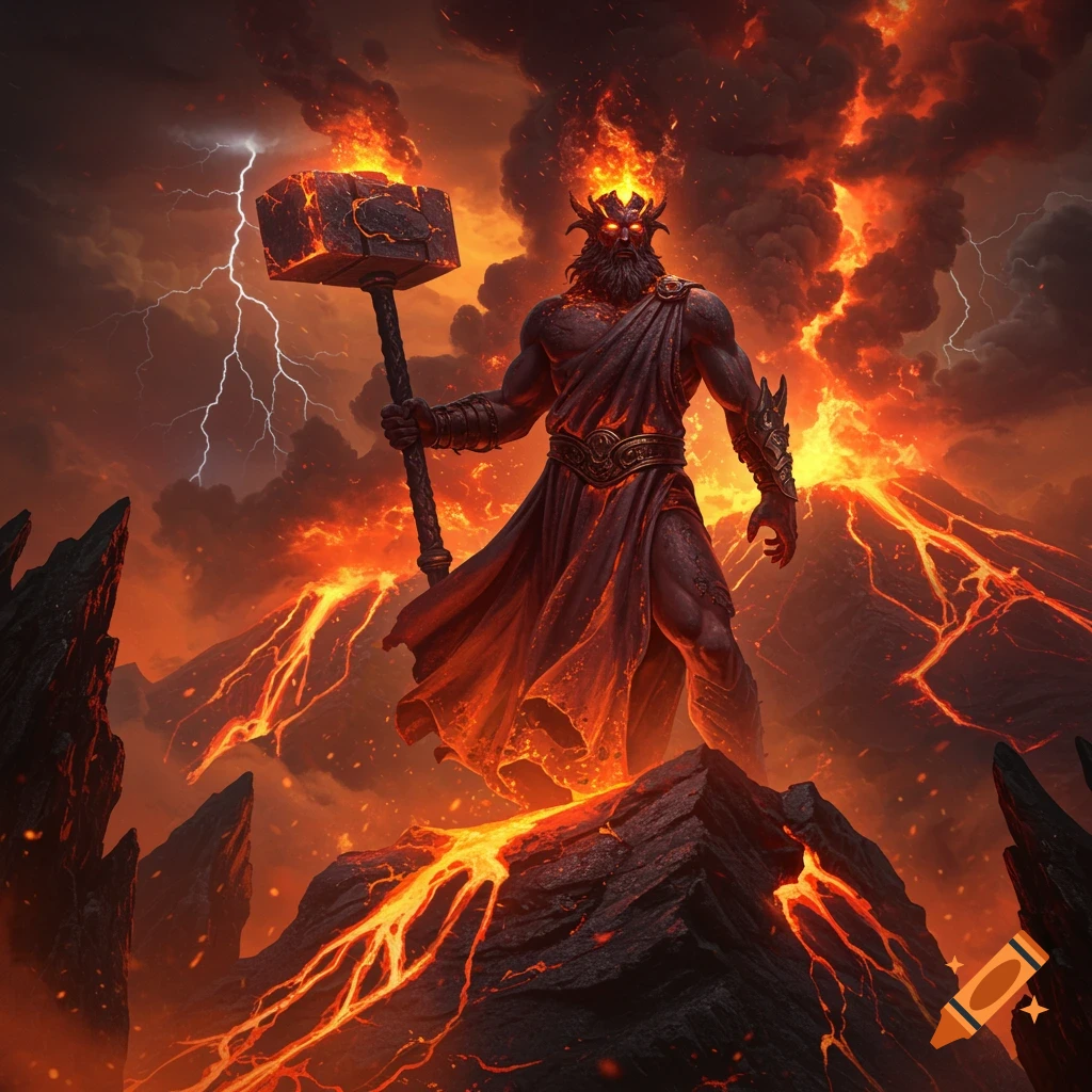 A powerful horned god-like figure with fiery hair and eyes, holding a glowing hammer, stands amidst erupting volcanoes and lava.