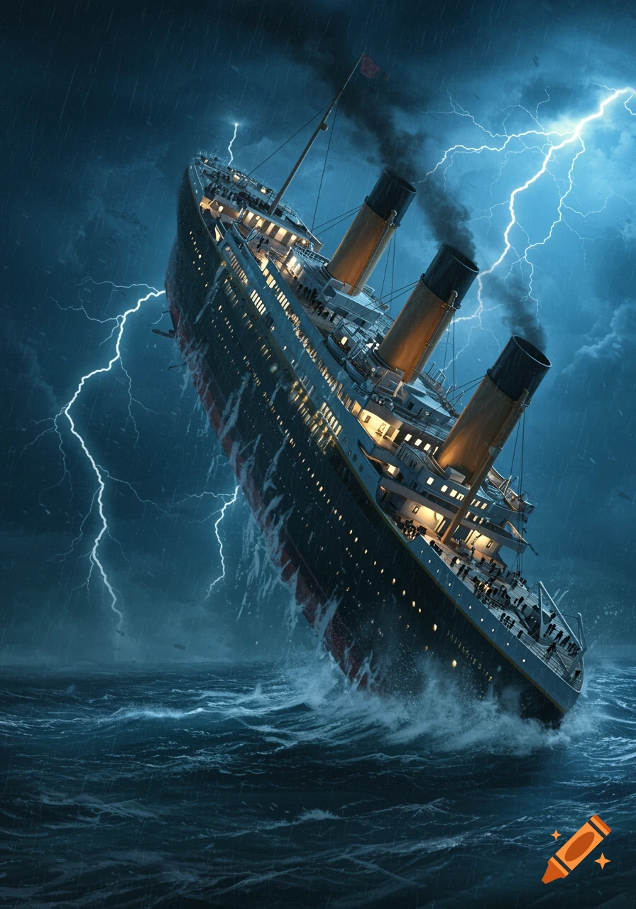 The Titanic ship sinking bow-first during a severe lightning storm with heavy rain.