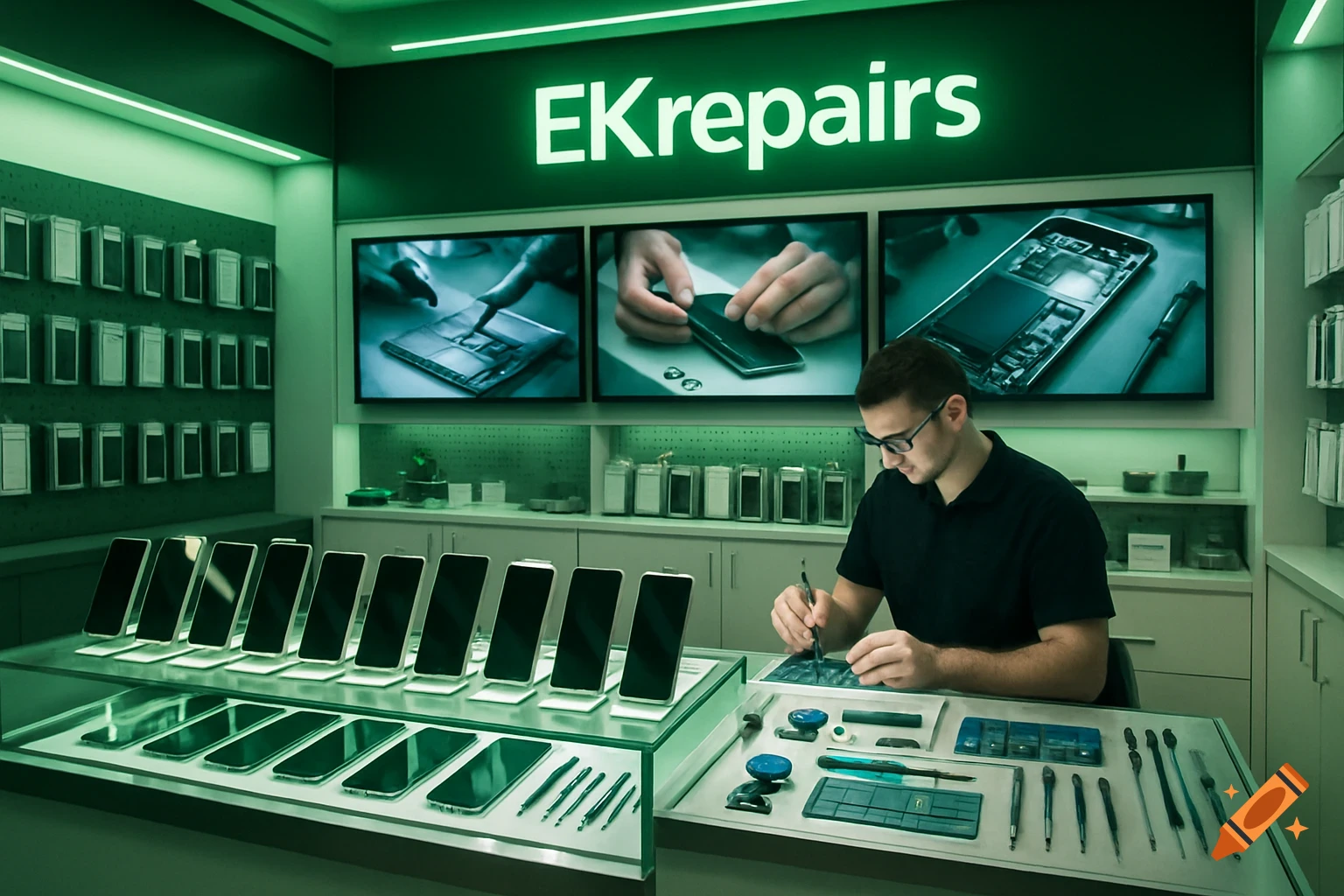 A man in a black polo shirt and glasses repairs a phone at a counter in a modern, green-lit EKrepairs store. Display phones are on a counter, and large monitors show phone repair processes.