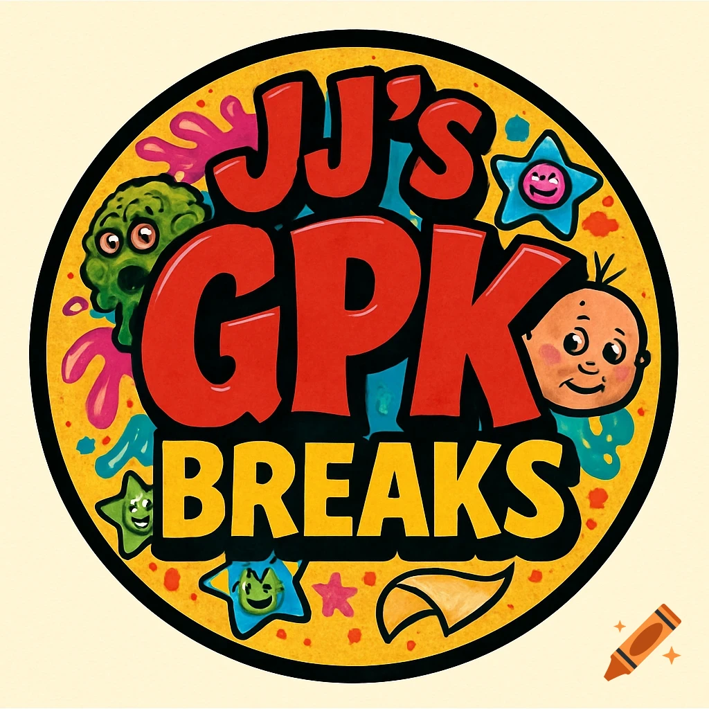 A circular logo in Garbage Pail Kids style featuring a green monster, a baby head, and smiling stars on a yellow background with the text 'JJ's GPK Breaks'.