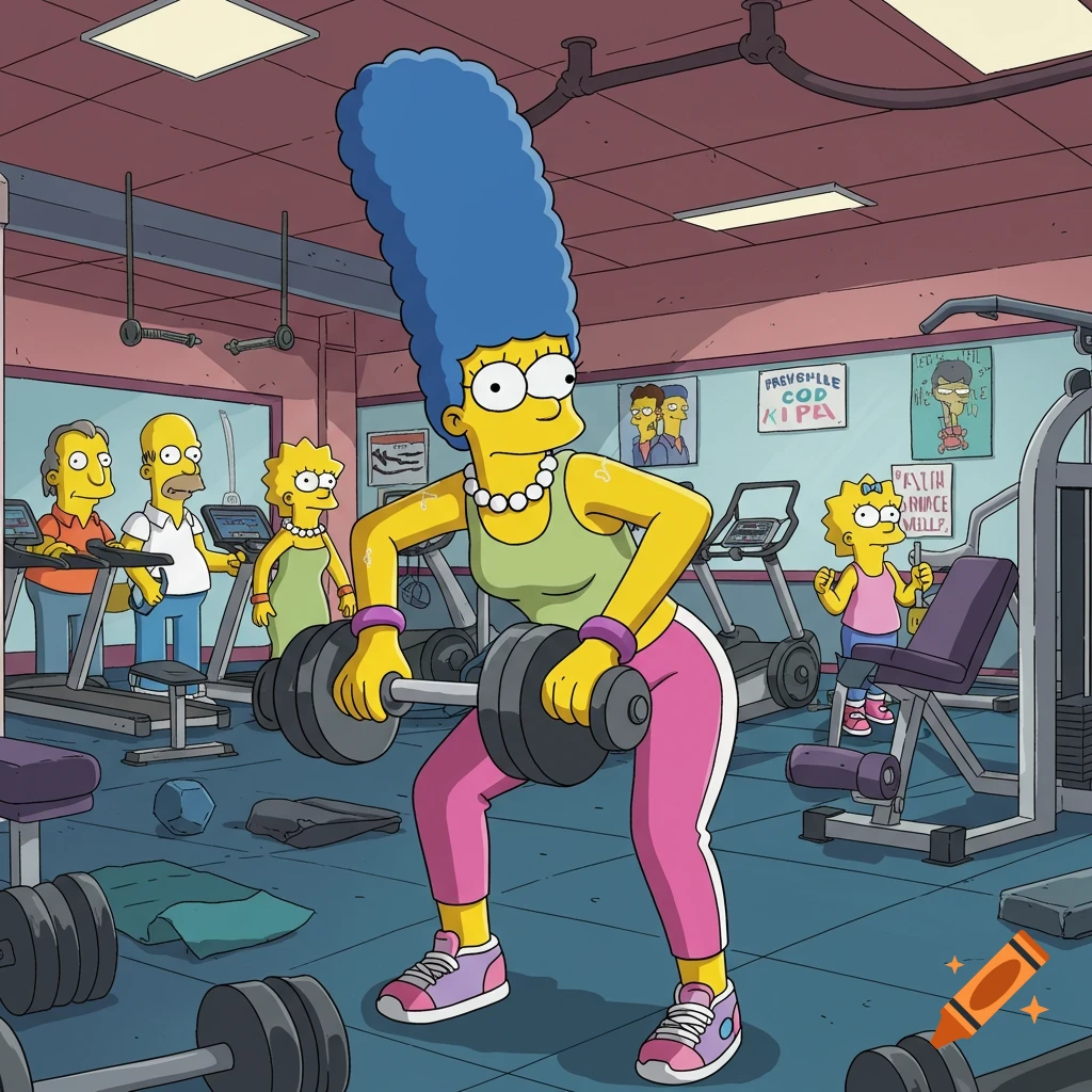 Marge Simpson and other Simpsons characters work out in a brightly lit cartoon gym, Marge lifts weights.