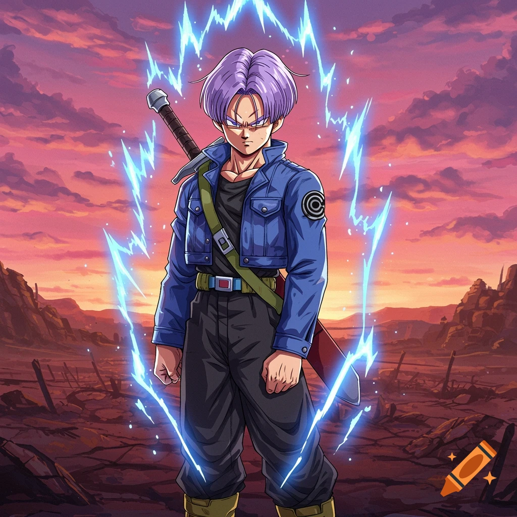 Anime-style Trunks with purple hair, blue jacket, and sword, surrounded by blue energy in a desolate landscape at sunset.