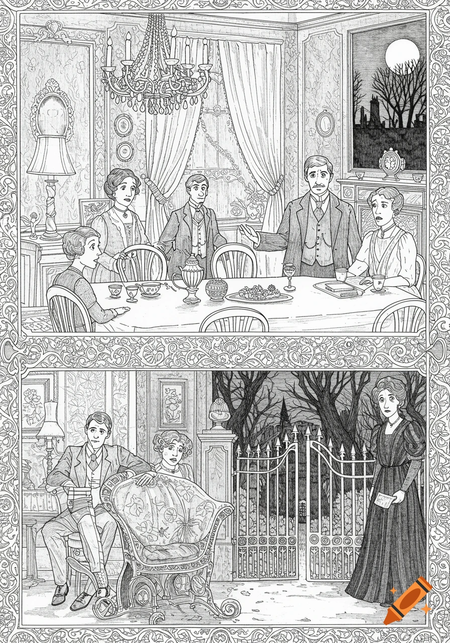 Black and white line art illustration showing two scenes from a historical drama: a group at a dining table indoors and figures by a gate outside a dark house.