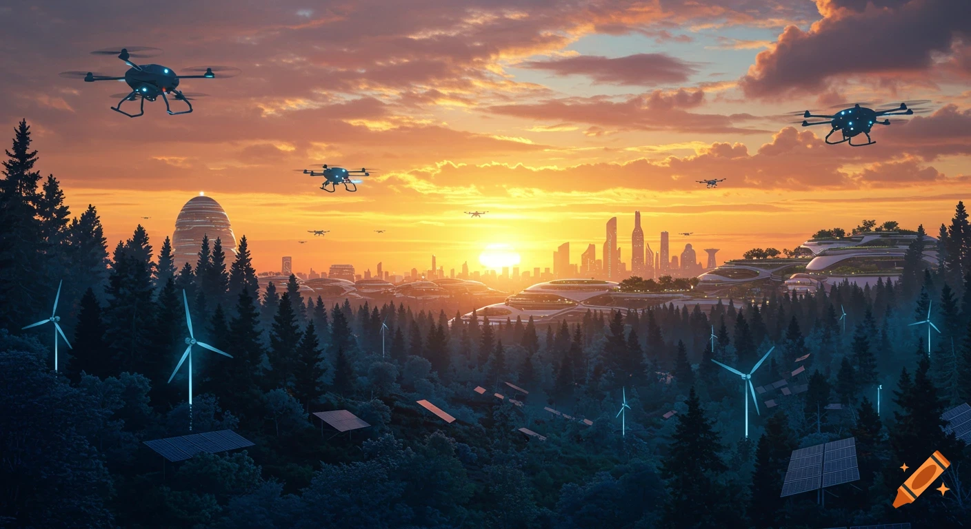A vibrant futuristic landscape at sunset, featuring a forest with glowing wind turbines and solar panels, with a modern city and drones in the background.