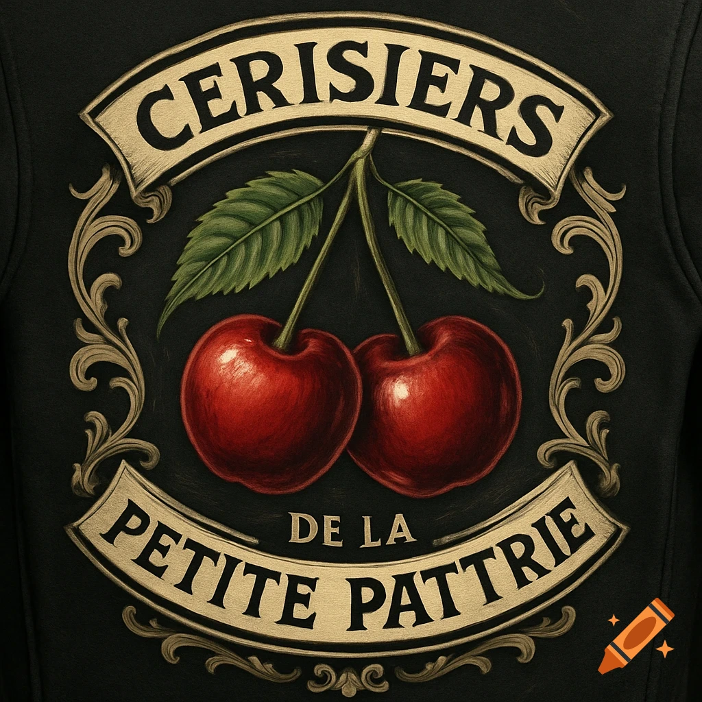 A vintage-style motorcycle backpatch design with two red cherries and green leaves. Gold banners display 'CERISIERS DE LA PETITE PATRIE'.