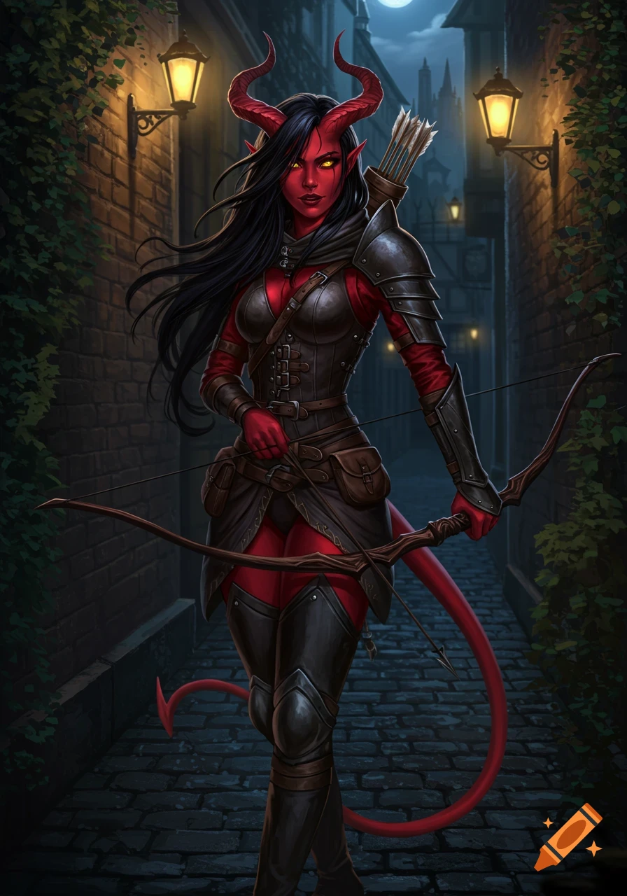 A Tiefling rogue with crimson skin, black hair, and horns in black leather armor, holding a bow in a dark alley at night, digital art.