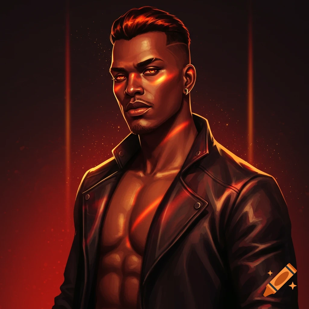 A stylized portrait of a confident man with glowing orange eyes, an open leather jacket, and warm red and gold lighting.