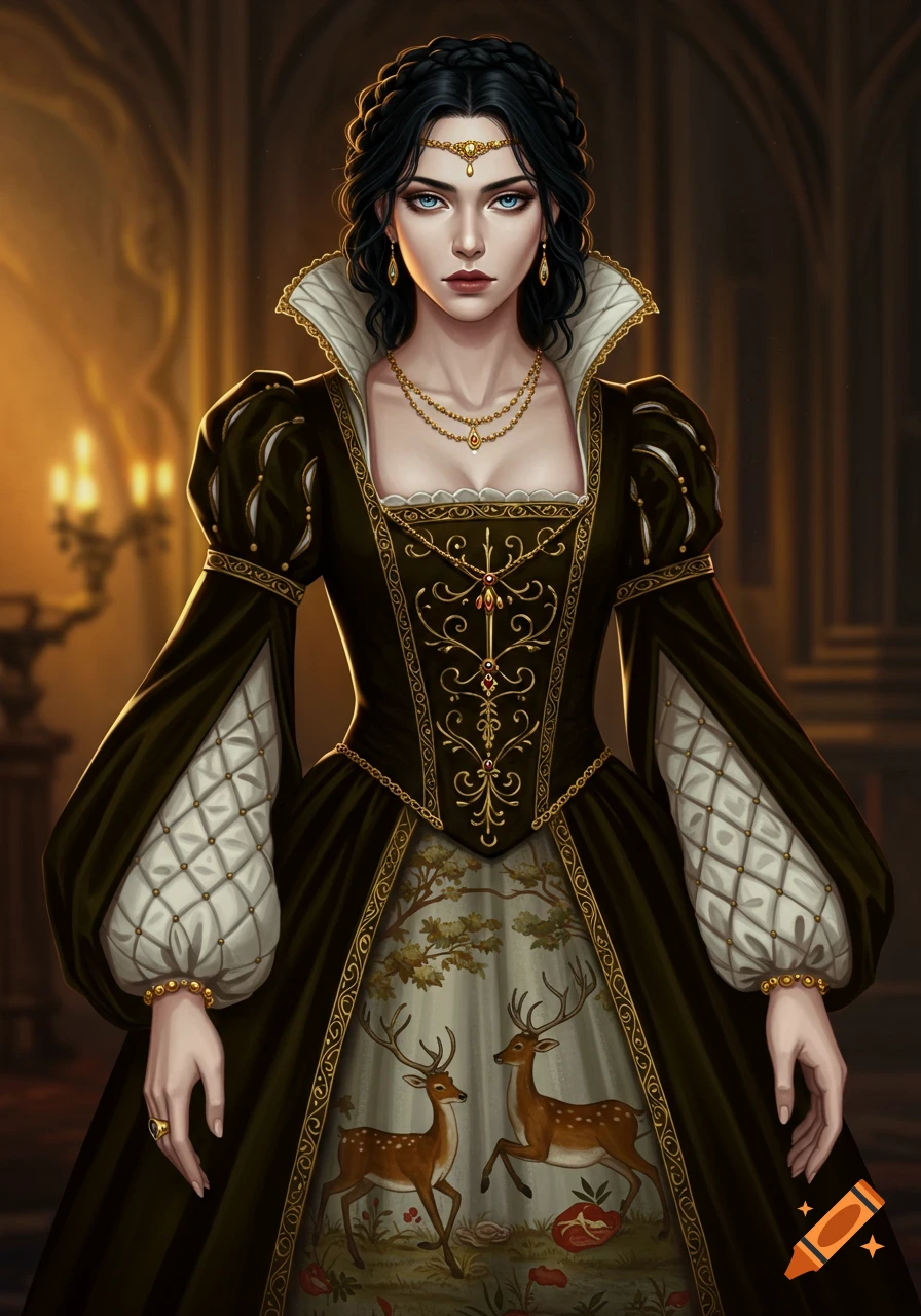 A blue-eyed lady with dark braided hair wearing an ornate black Renaissance-style gown with gold trim and embroidered deer on the skirt.
