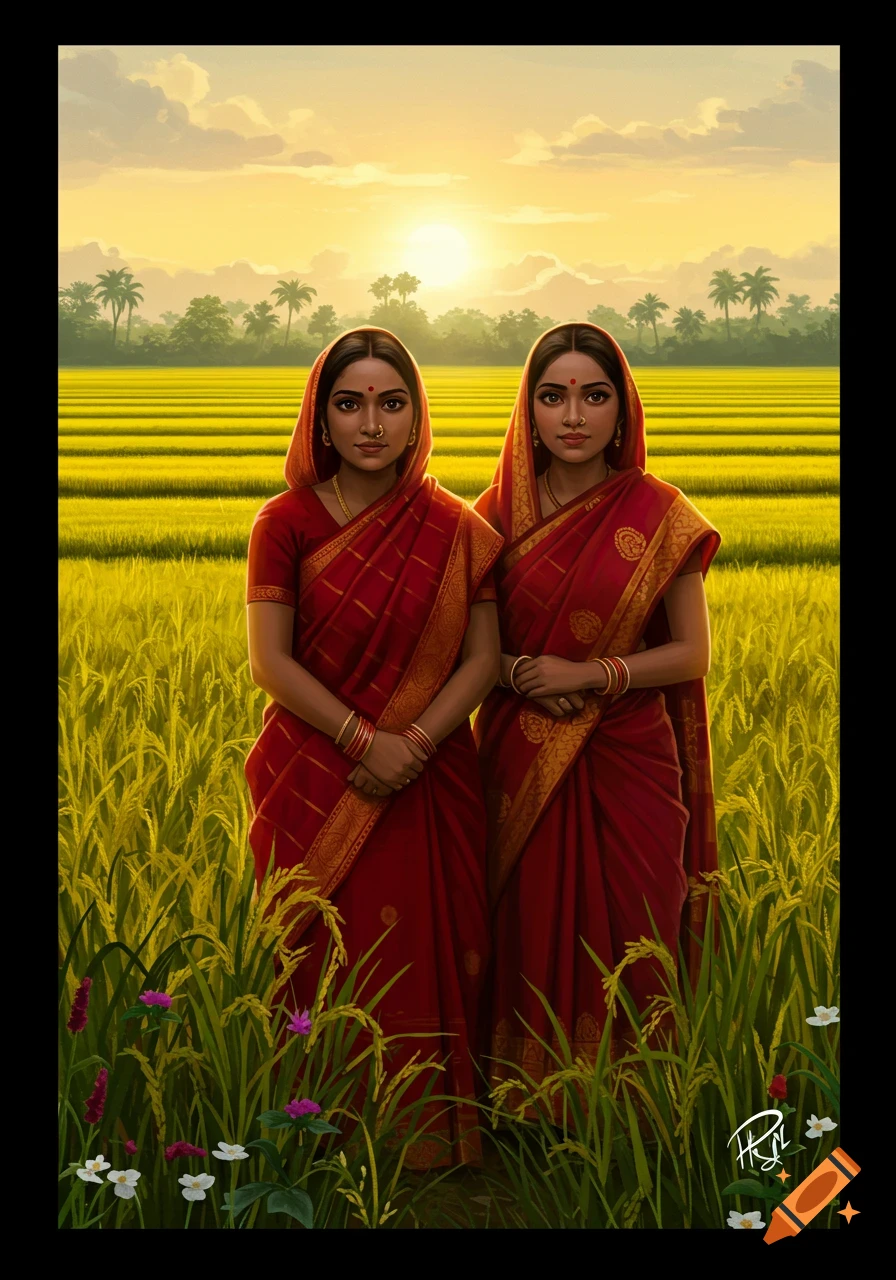 Two Bangladeshi women in red saris stand in a golden rice field at sunset, digital art.