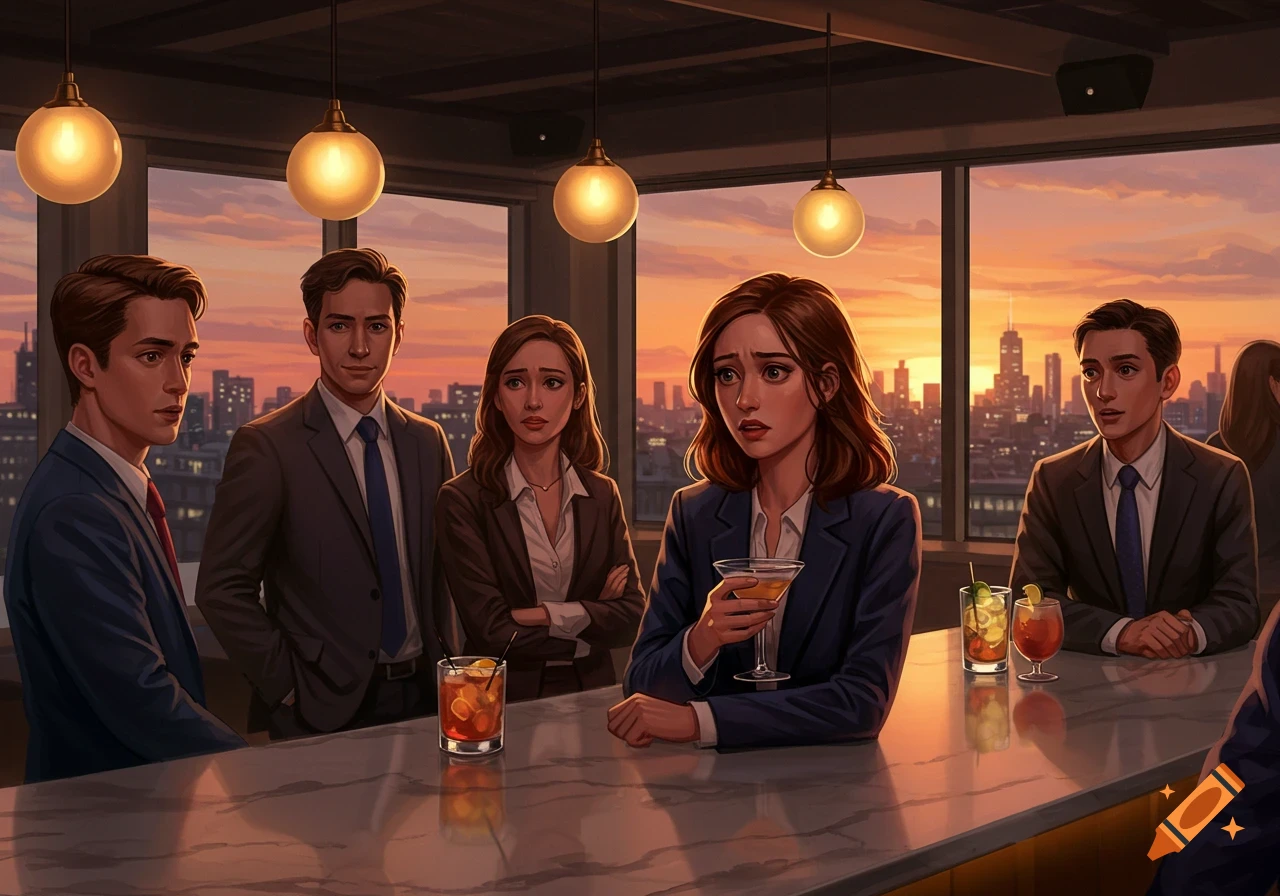 An illustration of professionals socializing at a bar with a city skyline at sunset.