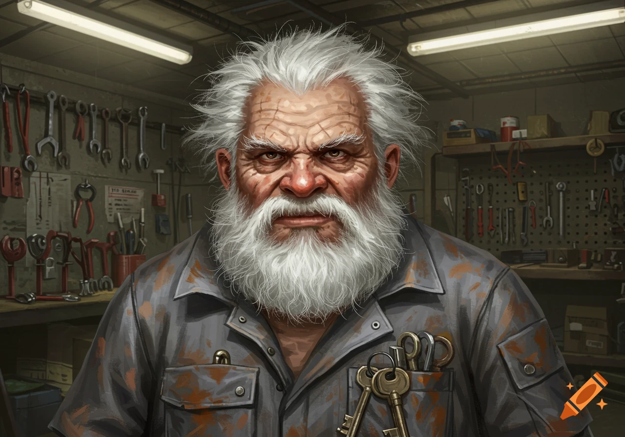 A grumpy, white-bearded old locksmith in a greasy uniform, standing in a workshop with tools on the wall.