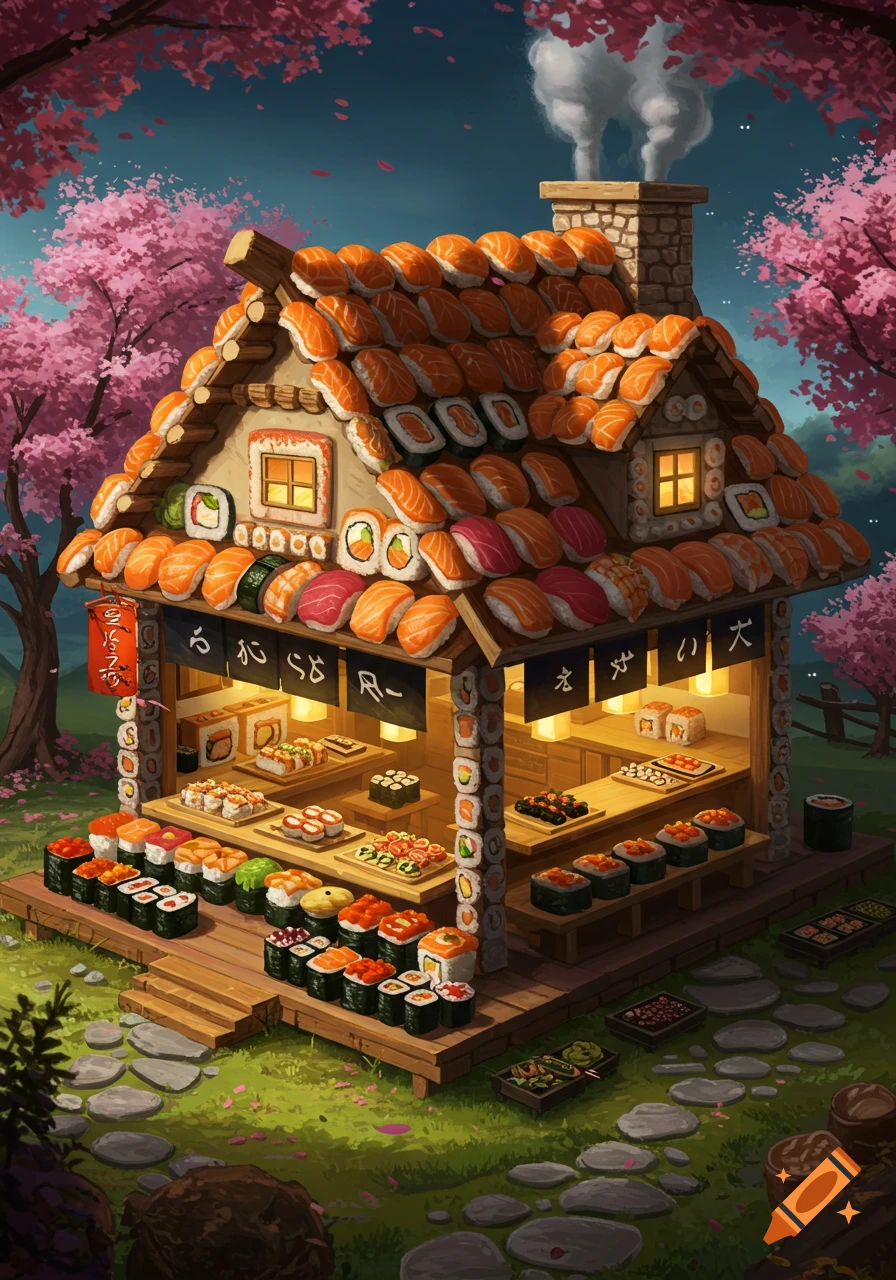 A whimsical house made entirely of sushi, with sushi rolls for shingles and decorative elements, surrounded by pink cherry blossom trees in a lush green landscape under a twilight sky.