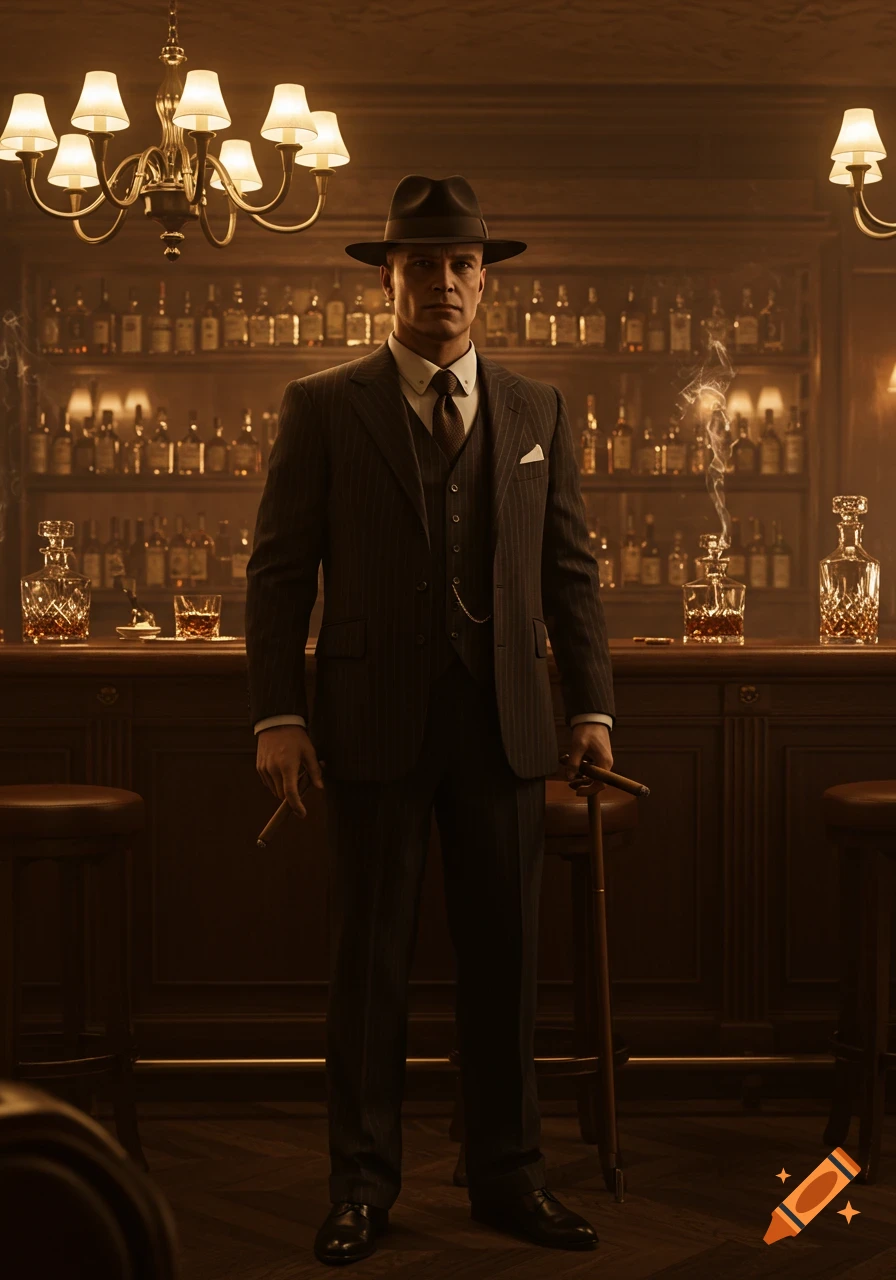 Photorealistic image of a man in a pinstripe suit and fedora, holding a cigar, standing in a dimly lit vintage bar.