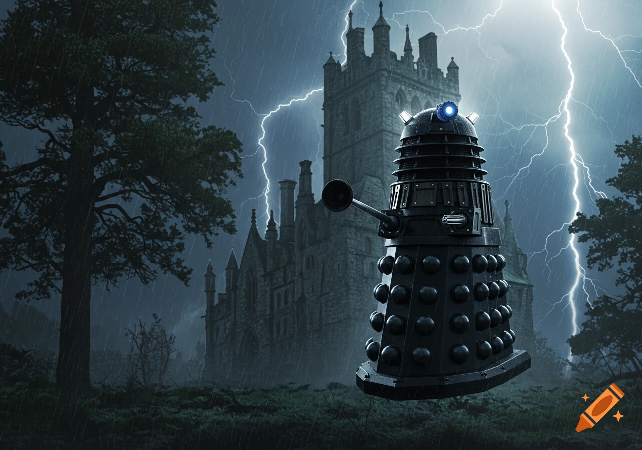 A black Dalek levitating towards a gothic castle during a thunderstorm with bright lightning.