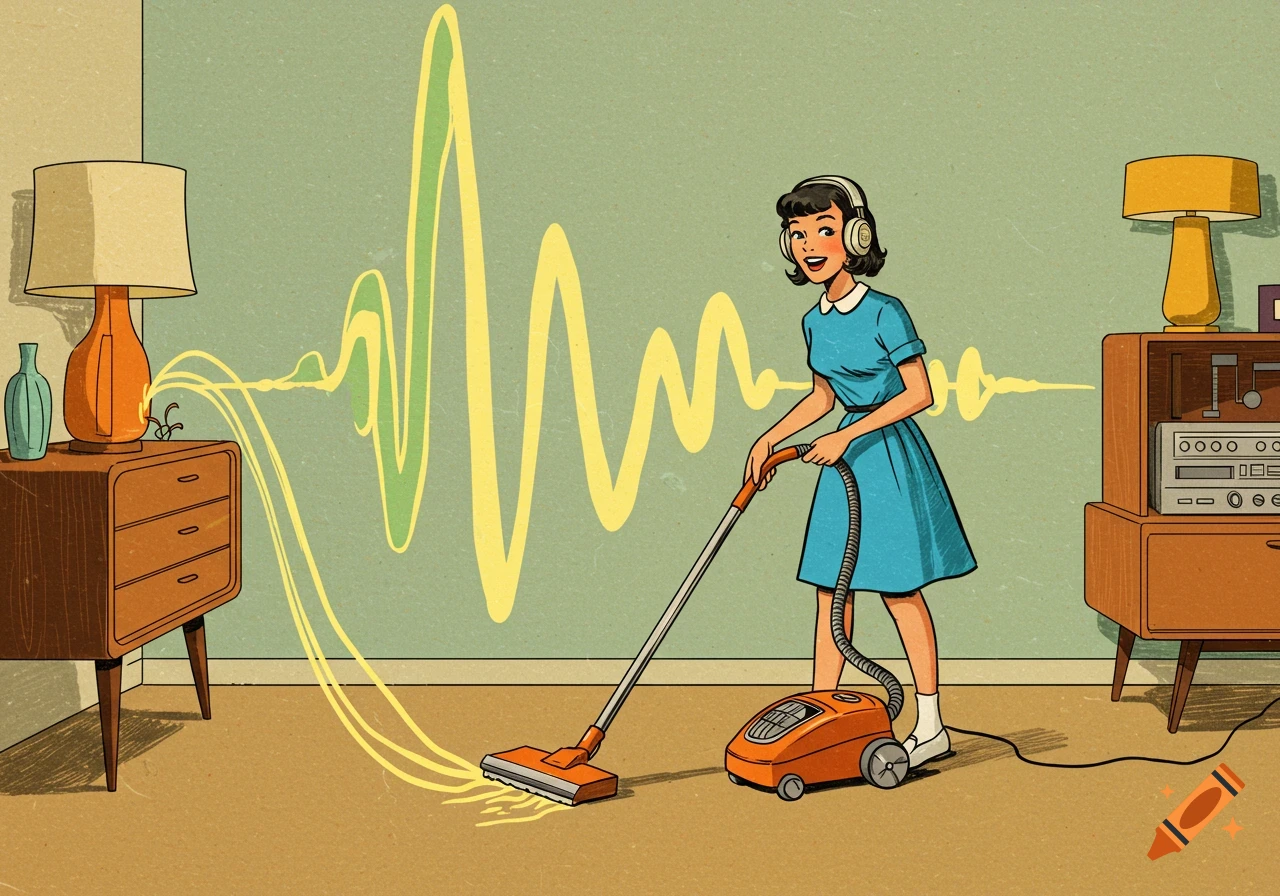 A retro drawing of a smiling woman in a blue dress and headphones vacuuming a yellow audio wave in a mid-century living room.
