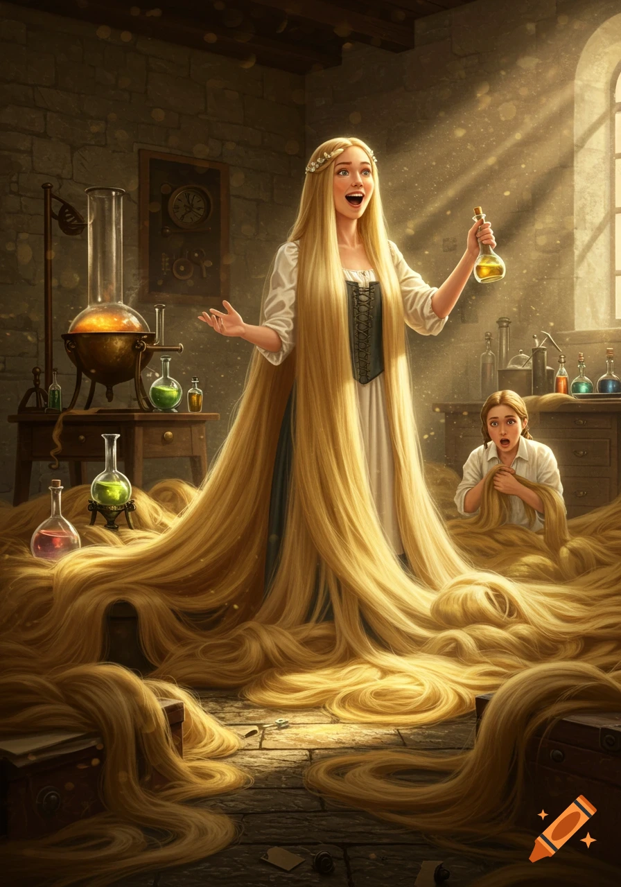 A beautiful young woman with very long blonde hair stands in a lab, holding a potion, her hair piled around her and a distressed assistant. Photorealistic fantasy art.