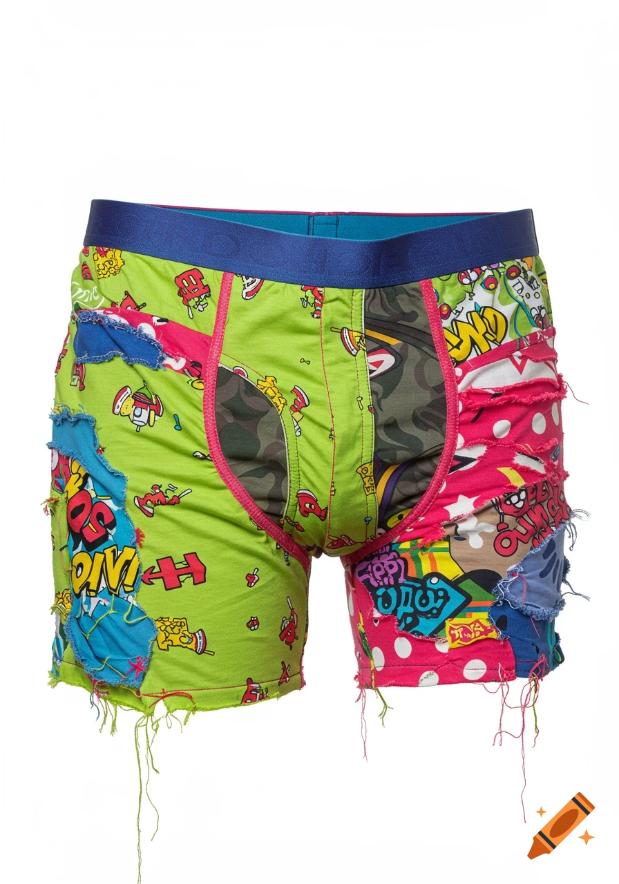 Colorful, distressed men's boxer briefs with a patchwork design and comic book-style text on a white background.