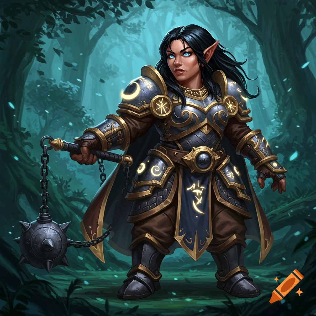 A female gnome cleric in ornate gold and silver armor holds a spiky flail in a dark fantasy forest, digital art.