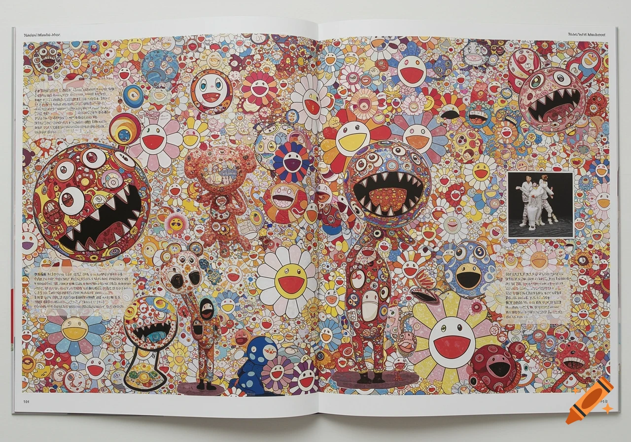 Double-page art book spread featuring colorful, pop-art style characters, including smiling flowers and multi-eyed monsters, typical of Takashi Murakami's work, with text and a small photo.