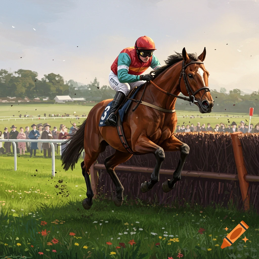 A jockey on a brown horse leaps over a hurdle during a steeplechase race on a grassy track.