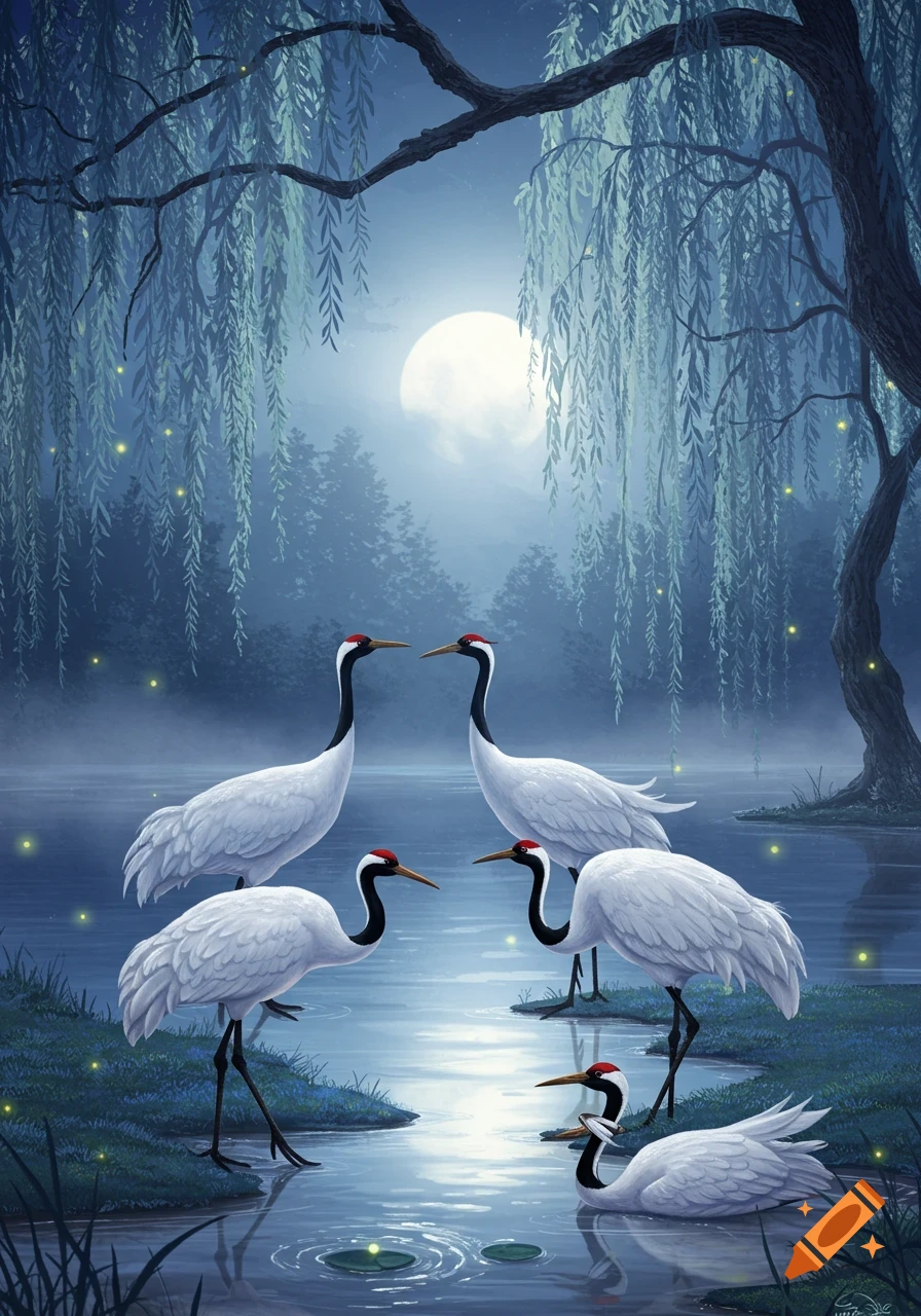 Five red-crowned cranes at a moonlit pond under weeping willow trees with glowing lights, illustrated in a dreamlike style.