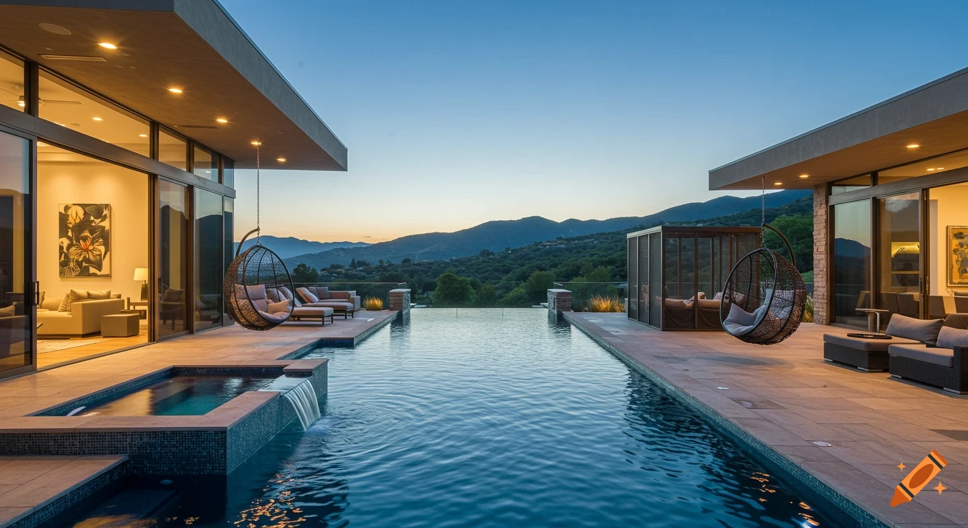 Photorealistic image of a modern house's back patio with an infinity pool, hot tub, and swinging egg chairs overlooking mountains at dusk.