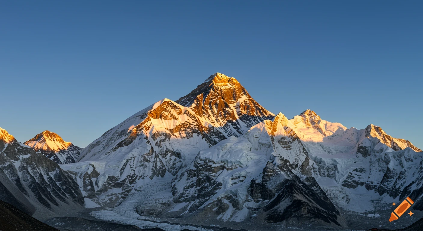 Majestic snow-capped mountain peaks bathed in golden sunrise light under a clear blue sky.