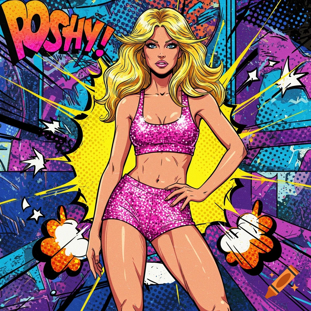 Comic book art of a blonde woman in a pink sequined sports bra and shorts, with 'POSHY!' in a speech bubble.