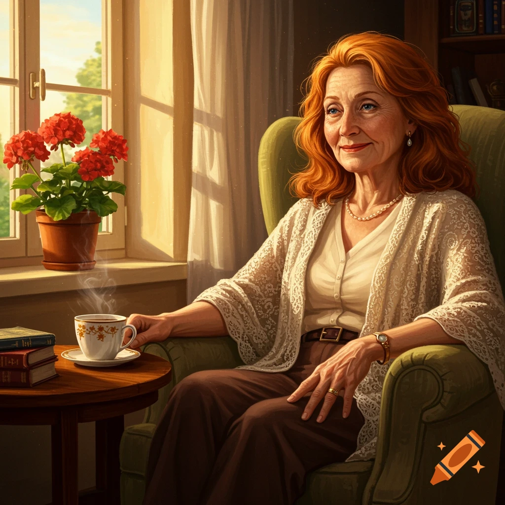 An elderly woman with red hair sits in an armchair, holding a teacup, by a sunlit window with a potted plant.